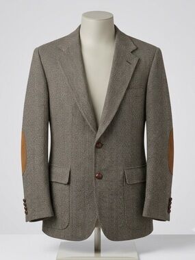 Cricketeer Vintage 100% Wool Herringbone Blazer Elbow Patches 42R Dark Academic